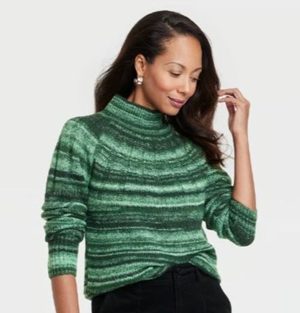 Knox Rose Womens Sweater Size 2XL Boho Green Striped Mock Neck Boho Festival